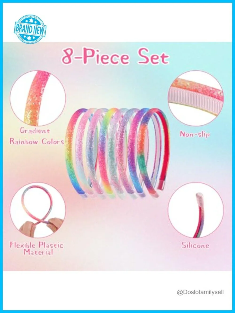 8 Pack Rainbow Glitter Headbands - Non-Slip, Silicone Sleeves, Comfort Fit Hair